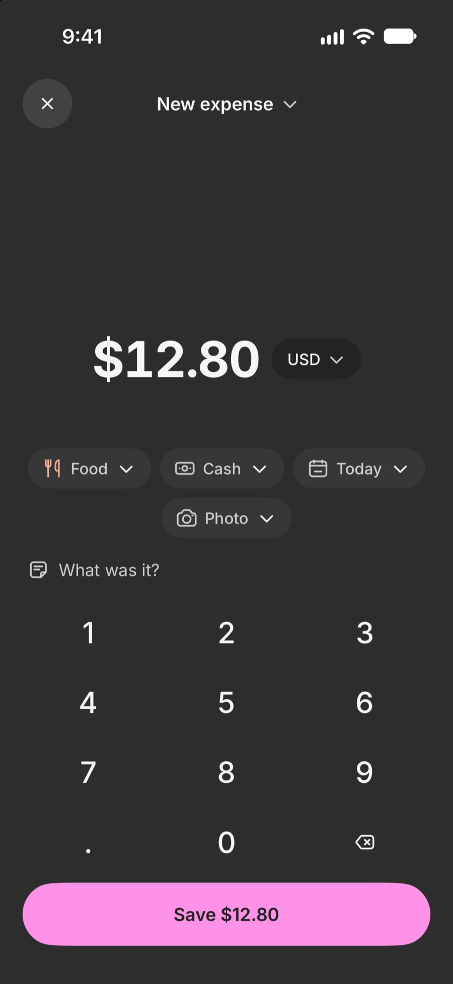 Finmoy’s New expense screen: $12.80 entered, with Food, Cash and Today picked and a Save $12.80 button.