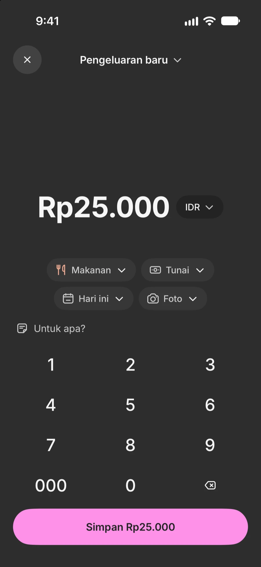 Layar Pengeluaran baru di Finmoy: Rp25.000 diketik, dengan Makanan, Tunai, dan Hari ini terpilih, dan tombol Simpan Rp25.000.