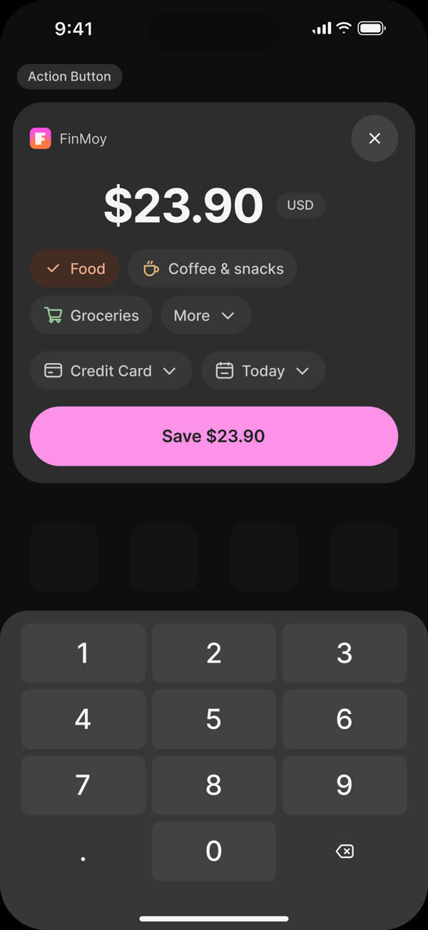 Quick log sheet with $23.90 for Food